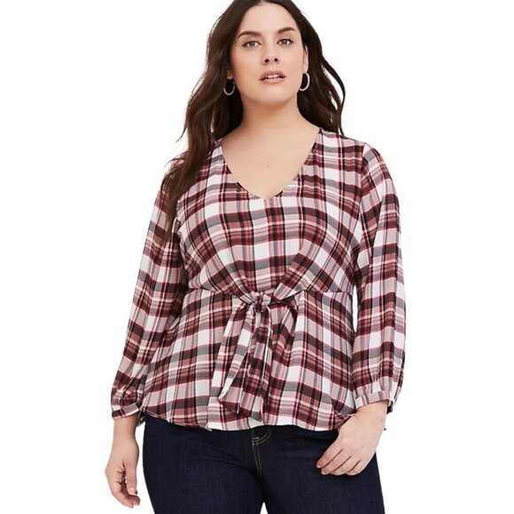 Torrid Red Plaid Georgette Tie-Front Blouse, Long Sleeve V-Neck Women's Size 3 - Picture 1 of 13